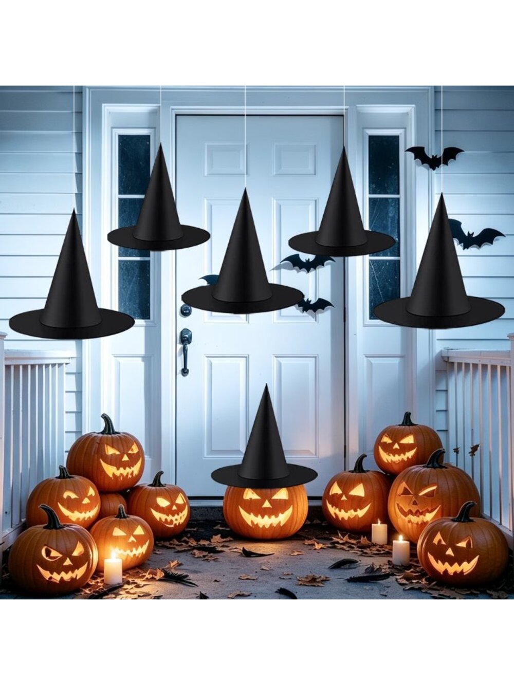 6Pcs Halloween Witch Hats, Black Hanging Witch Hat with 98feet Hanging Rope